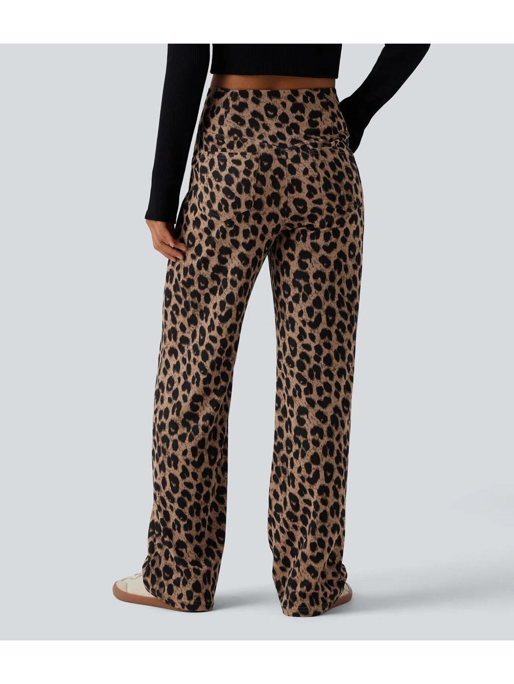 Halara High Waisted Crossover Leopard Print Waffle Pants Noir Safari Size Small - Picture 2 of 9